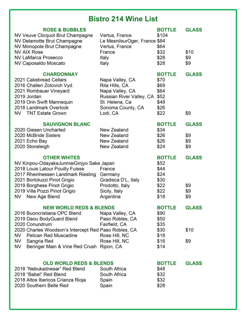 wine list for bistro 214 restaurant in Shelby, NC - page 1