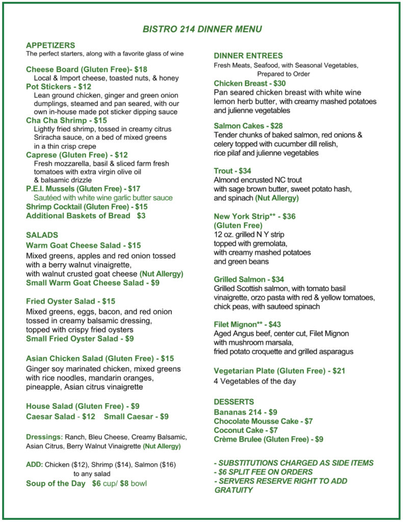 Menu for Bistro 214 restaurant in Shelby, NC