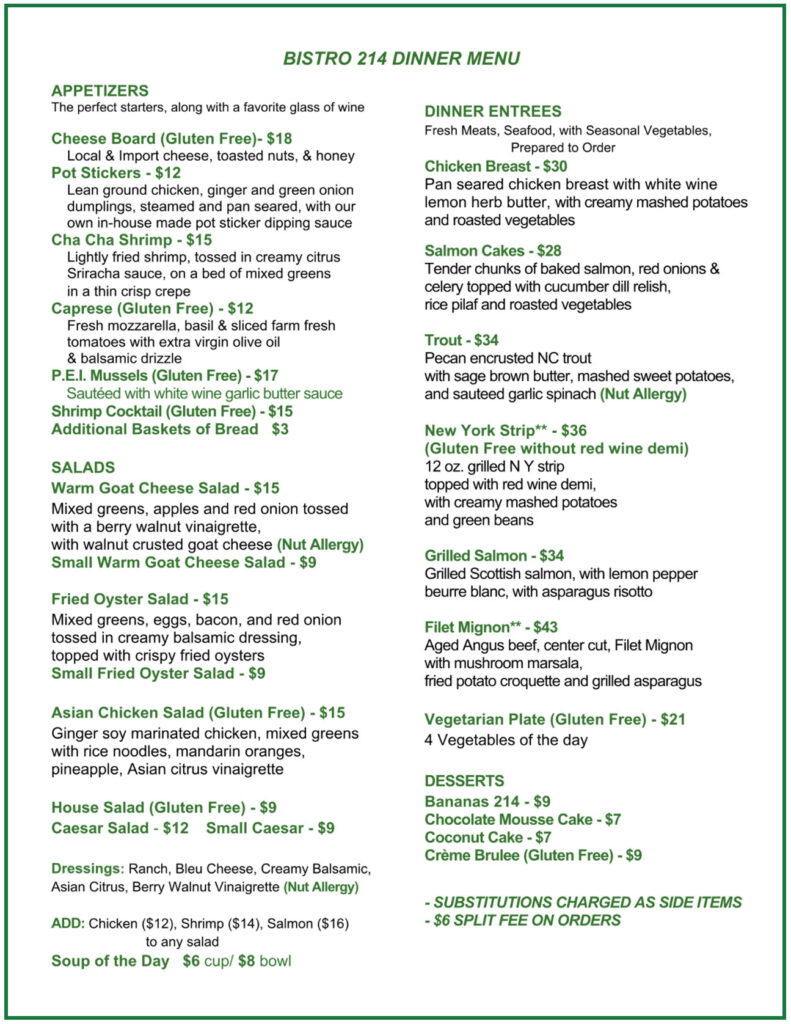 Menu for Bistro 214 restaurant in Shelby, NC