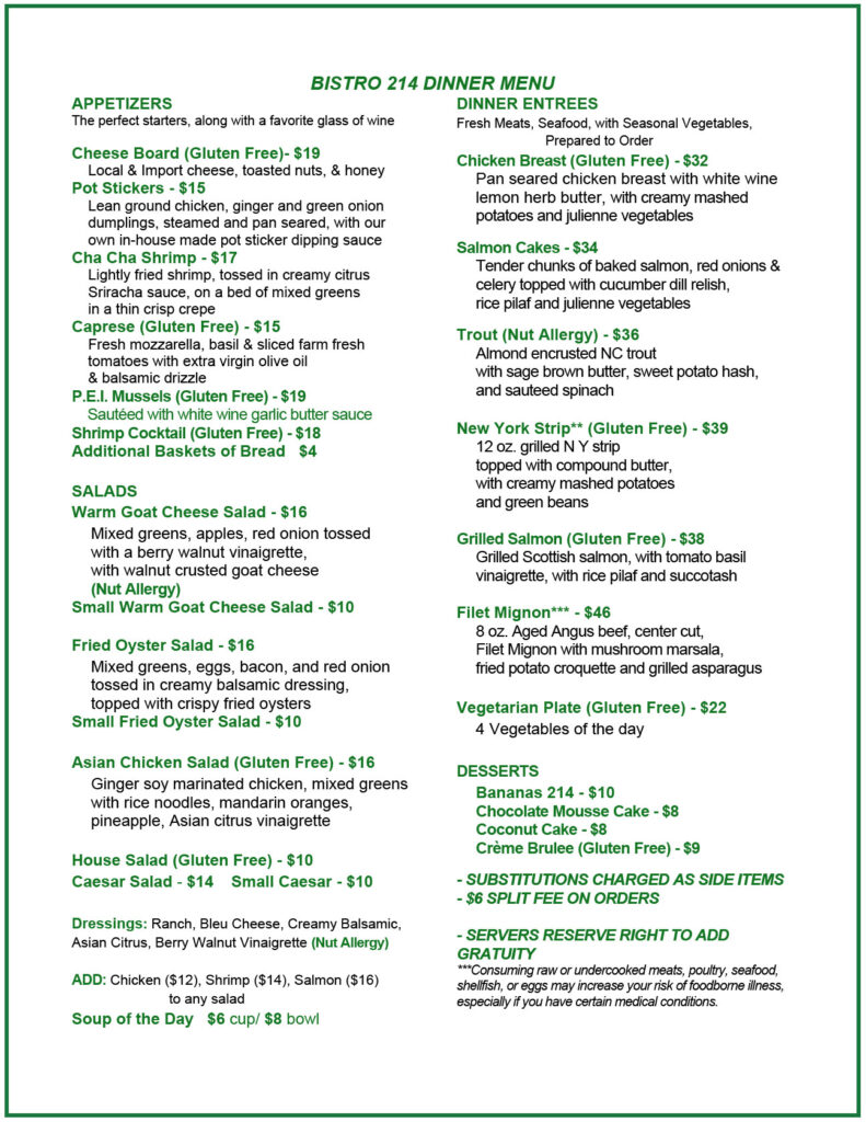 Menu for Bistro 214 restaurant in Shelby, NC