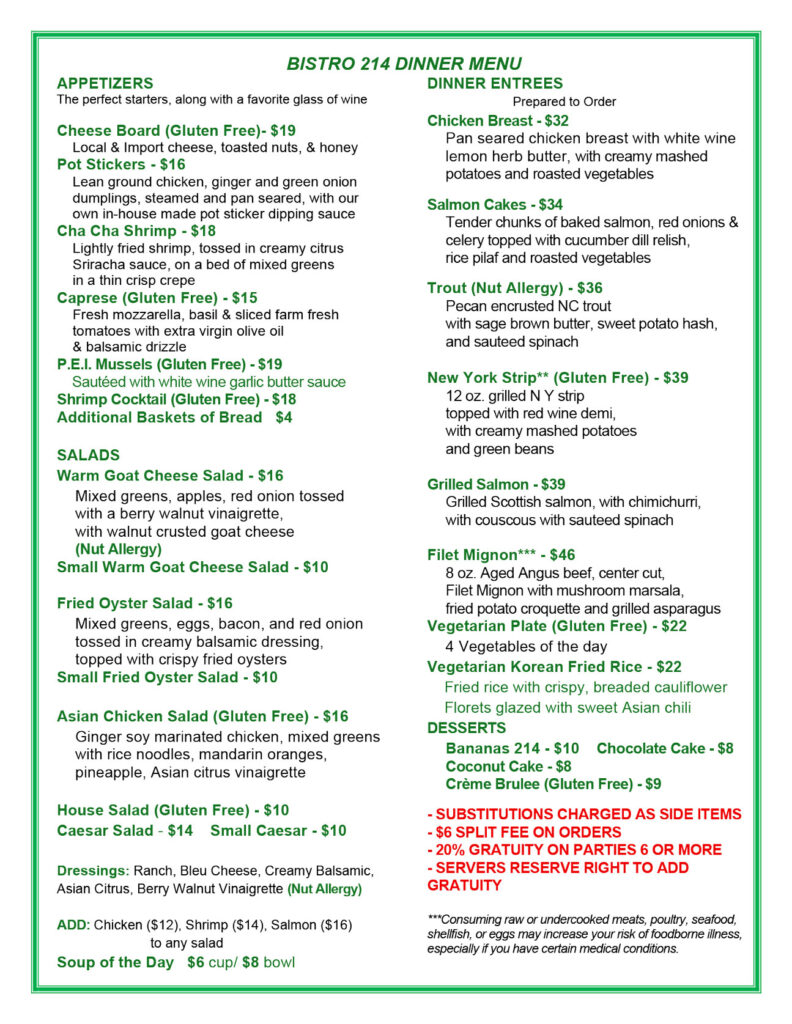 Menu for Bistro 214 restaurant in Shelby, NC